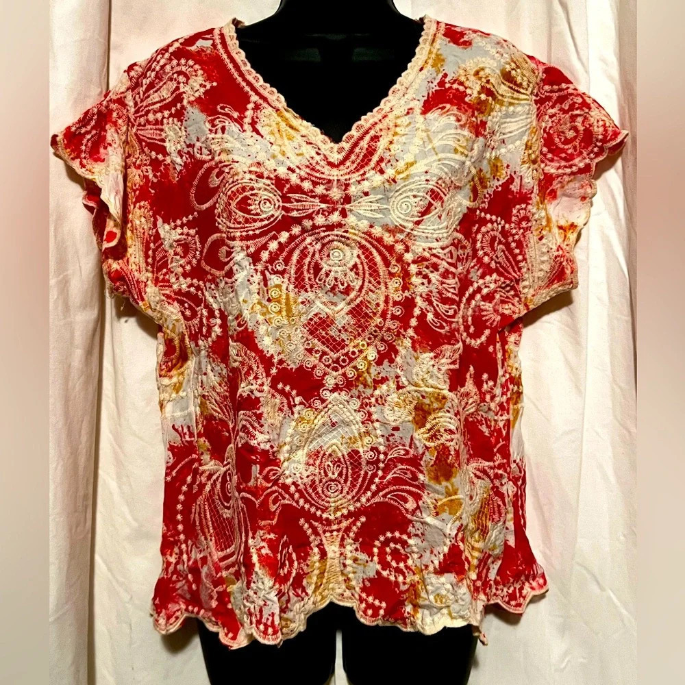 Solitaire‎ Women's Sz L Short Sleeve Embroidered Top